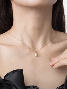 Macro shot of polished gold rectangle pendant on a snake chain against a black dress