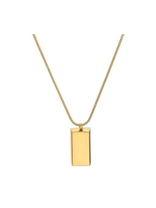 Detailed close-up of polished rose gold rectangle bar pendant with sleek snake chain