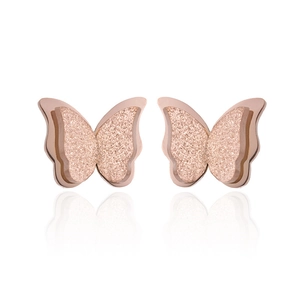 Minimalist butterfly stud earrings in rose gold with matte and polished titanium steel