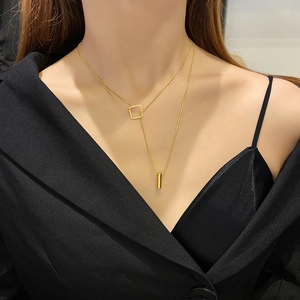 Double-layer gold titanium steel necklace with geometric square and cylinder pendants