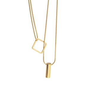 Double layered gold titanium steel necklace with square and cylinder geometric pendants