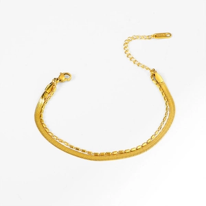 Double-layer gold plated stainless steel bracelet with snake chain and bead chain design