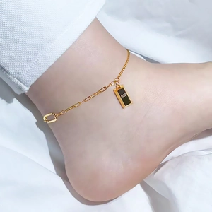 Titanium Steel 18K Gold Plated Anklet With Gold Bar Pendant Engraved Asymmetrical Stitching Chain Foot Jewelry Women