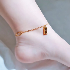 Elegant 18K gold-plated anklet with a small GOLD bar pendant on a minimalist O-chain