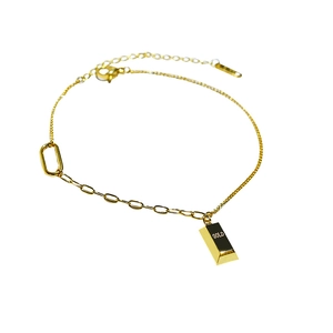 18K gold plated titanium anklet featuring a unique gold bar pendant and link chain