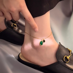 Elegant gold titanium steel anklet with green and black agate gemstone charms