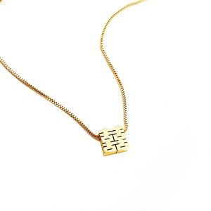 Golden titanium steel necklace featuring a traditional Chinese Double Happiness pendant