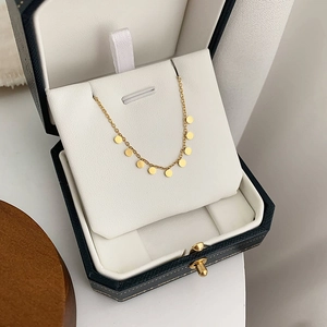 Close-up of gold titanium steel necklace with small discs in a blue jewelry box