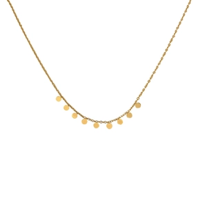 Detail of minimalist 18k gold plated necklace featuring nine small round disc pendants