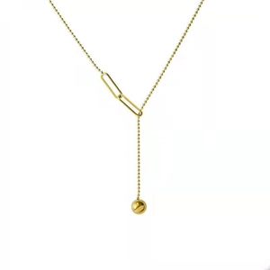 French vintage gold beaded Y-necklace with paperclip link and polished ball pendant