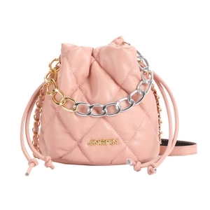 Pink quilted bucket bag with gold chain handle and drawstring closure on white background