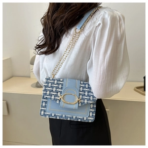 Close-up of light blue tweed crossbody bag featuring elegant gold oval twist lock buckle