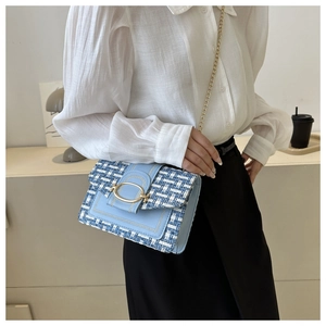 Detail of light blue plaid tweed handbag with gold chain strap and metal buckle