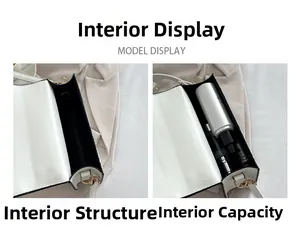 Detail view of the white flap bag's interior capacity showing storage space for cosmetics