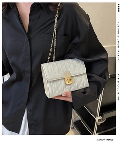 Close-up of white quilted chain bag with gold twist lock and crossbody strap details