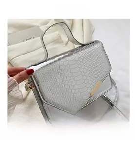 Detail van kleine zilveren slangenprint tas met PVC-laag en metallic gesp sluiting