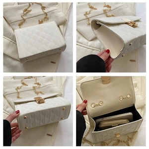 Detailed views of white quilted crossbody bag showing metal chain and internal storage space