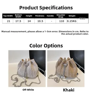 Tableau des tailles et couleurs pour ce sac seau tissé avec cordon et chaîne