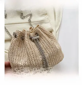 Détail du tissage en paille en V et du fermoir à cordon argenté du sac seau tendance