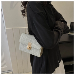 Close-up of ivory quilted crossbody bag with gold chain strap and metal lock detail