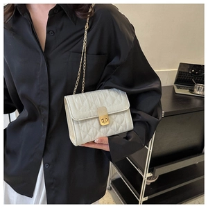 Close-up of a white quilted crossbody bag featuring a gold twist lock and chain strap