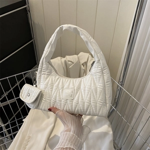 Elegant white pleated quilted underarm handbag with a matching round charm pouch