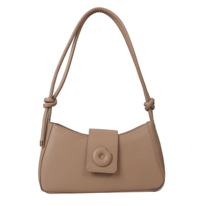 Latte brown faux leather underarm baguette bag with knotted strap and round buckle