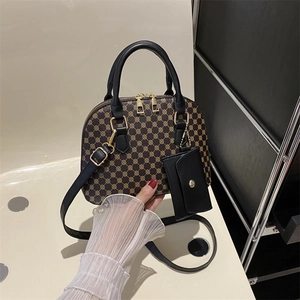 Vintage PU Leather Shell Shoulder Bag For Women Geometric Monogram Crossbody Bag With Mini Pouch Casual Handbag