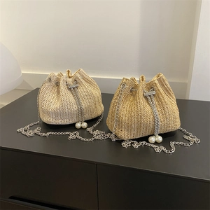 Sac Seau Tissé En Paille Pour Femme Avec Cordon Künstliche Perle Chaîne Métal Épaule Bandoulière Vintage Été Plage Vacances Niche
