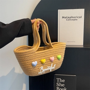 Vrouwen Franse Touw Gevlochten Emmer Tas Lief Kleurrijk 3D Hart Borduurwerk Casual Vakantie Handtas Schoudertas Strandtas