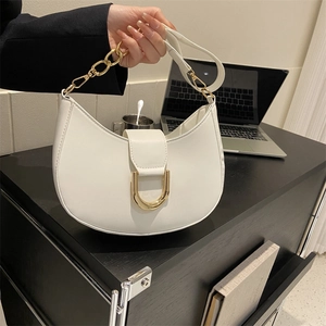 Women Fashion PU Leather Half Moon Shoulder Bag Gold Metal Buckle Chain Strap French Style Hobo Underarm Bag Elegant Bag