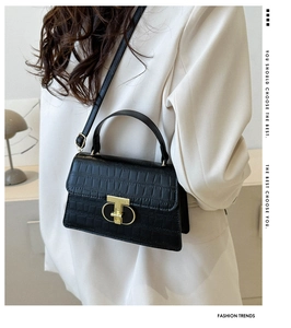 Detail of black crocodile pattern crossbody bag with a gold metal rotary clasp lock