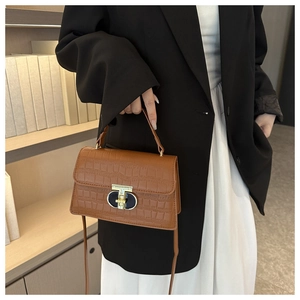 Detailed view of brown crocodile texture handbag with golden buckle on a model
