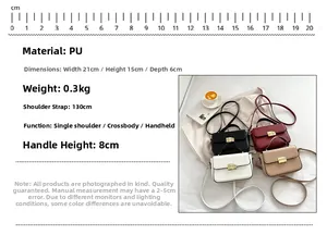 Detail showing PU leather flap bag dimensions 21x15x6cm with top handle and metal lock