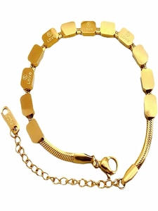 Gold plated stainless steel snake chain bracelet with Love engraved rectangular blocks
