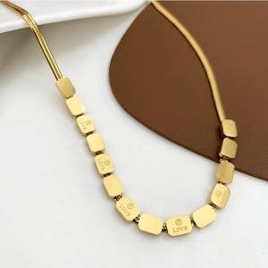 18K gold plated titanium snake chain necklace with engraved rectangular charms