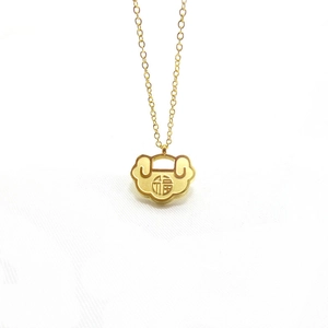 Traditional gold Ruyi lock necklace with Fu character engraving on fine link chain