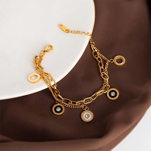 Layered Bracelet Titanium Steel Gold Plated Roman Numerals Round Shell Rhinestone Charms Elegant Jewelry For Women