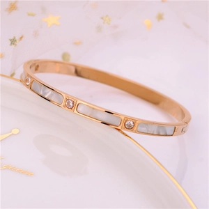 Jonc Incrusté De Nacre Et Zircon En Acier Inoxydable Plqué Or Bracelet Minimaliste Bijoux Pour Femmes