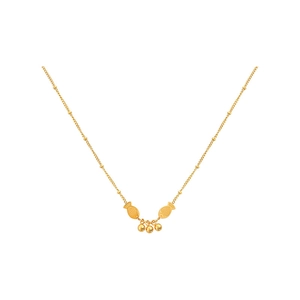 Elegant gold titanium necklace with double fish pendant and beads on white background