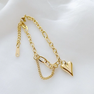 Bracelet en acier inoxydable plaqué or 18k avec pendentif cœur et double chaîne