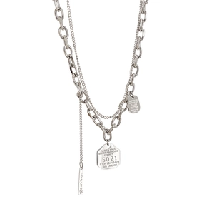 Layered silver titanium steel necklace with square tag pendants in a minimalist punk style