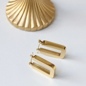 Elegant gold geometric rectangular hoop earrings in polished stainless steel for women