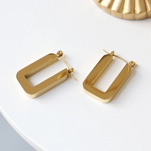 Rectangular Hoop Earrings Gold Plated Stainless Steel Geometric Minimalist Huggie Ear Buckles For Women Elegant Style