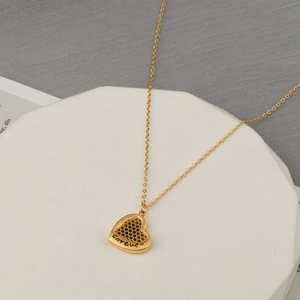 Heart Pendant Necklace Stainless Steel Honeycomb Grid Texture Forever Engraved Gold Plated Elegant Jewelry For Women