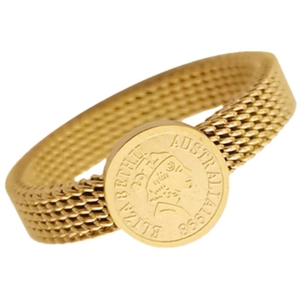 French vintage gold mesh ring with 1998 Elizabeth II coin portrait for women