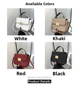 Collage showing white, khaki, red, and black square handbags with gold metal buckle