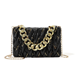 Elegante schwarze Plissee-Schultertasche mit goldenen Pailletten und Ketten griff
