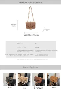 Size chart for quilted PU chain bag with dimensions, strap length and color options