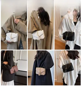 Detailed model views of quilted chain crossbody bags with tassels in multiple colors